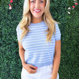 Half Sleeve Crew Neck Puff Striped Sweater Top