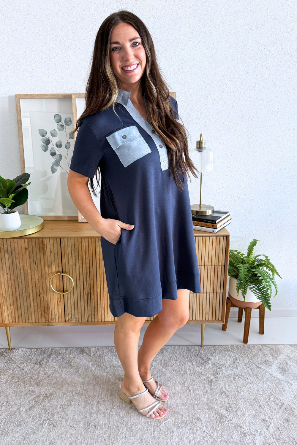 Denim Mix Short Sleeve Swing Dress