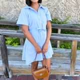 Collar Button Down Mini Dress W/ Elastic Waist Belt