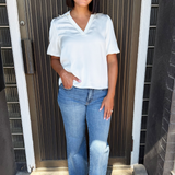 Collared Puff Sleeve Collared V-Neck Blouse