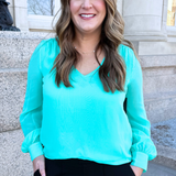 Long Sleeve Woven Blouse w/ Sleeve Tie Detail