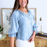 3/4 Sleeve Button Front Shirred Woven Top
