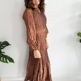 Long Sleeve Pleated Tiered Midi Dress