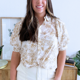 Puff Sleeve Button Front Woven Top w/ Twist