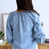 3/4 Sleeve Button Front Shirred Woven Top