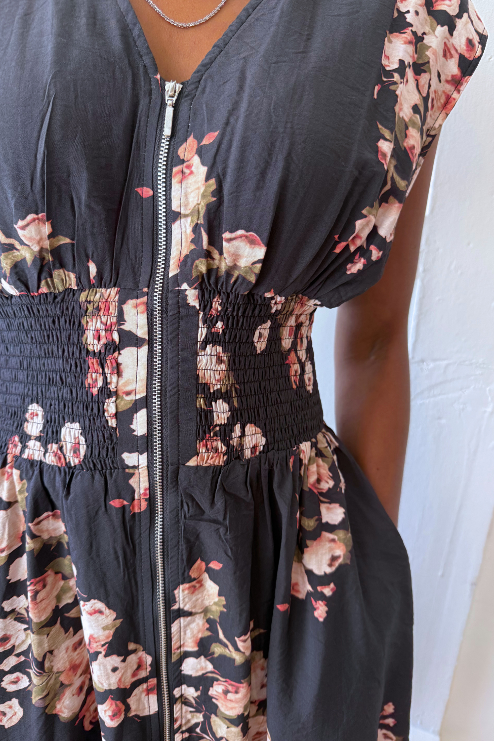 Floral Zipper Smocked Dress