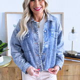 Washed Denim Print Boxy French Terry Shirt Jacket