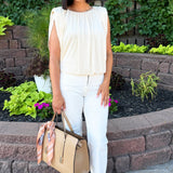 Sleeveless Draped Knit Top w/ Shoulder Pad