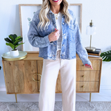 Washed Denim Print Boxy French Terry Shirt Jacket