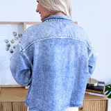 Washed Denim Print Boxy French Terry Shirt Jacket
