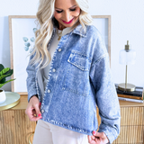 Washed Denim Print Boxy French Terry Shirt Jacket