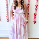 Stripe Tie Shoulder Smocked Midi Dress