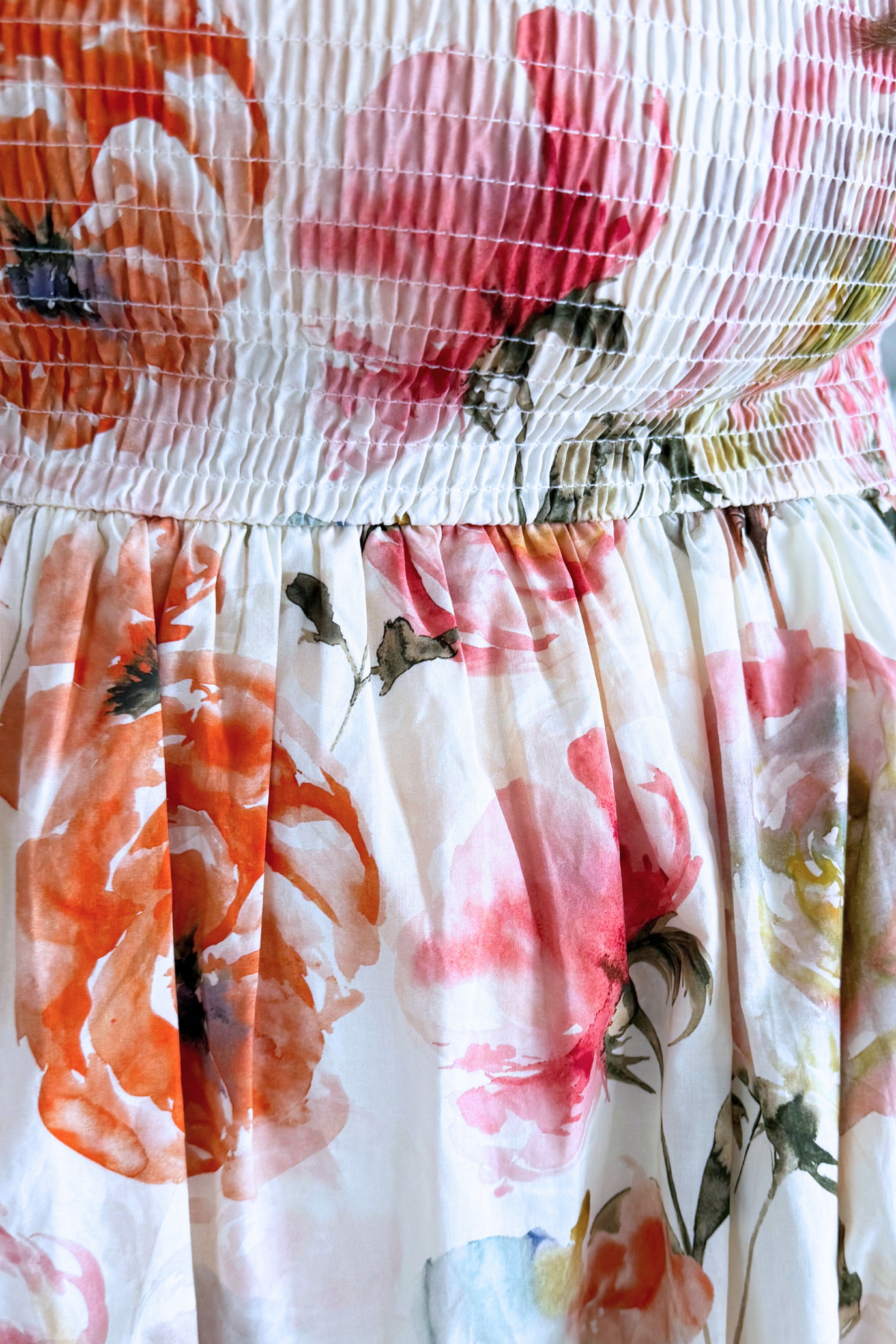 Puff Sleeve Top Smocking Woven Floral Print Midi Dress w/ Pockets