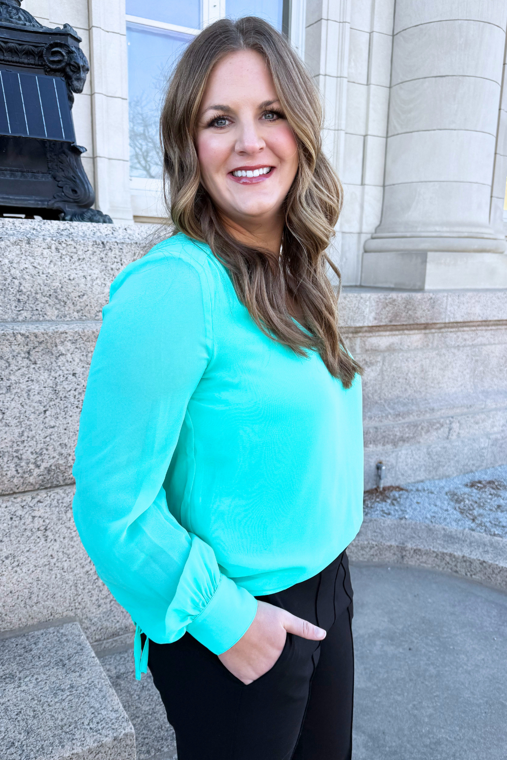 Long Sleeve Woven Blouse w/ Sleeve Tie Detail