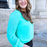 Long Sleeve Woven Blouse w/ Sleeve Tie Detail