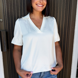 Collared Puff Sleeve Collared V-Neck Blouse