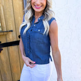 Sleeveless Button Top with Pockets