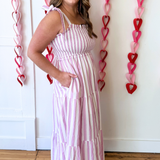 Stripe Tie Shoulder Smocked Midi Dress