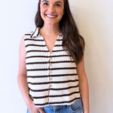 V Neck Button Front Striped Sleeveless Top
