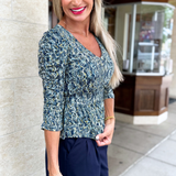 3/4 Ruched Sleeve V Neck Knit Top