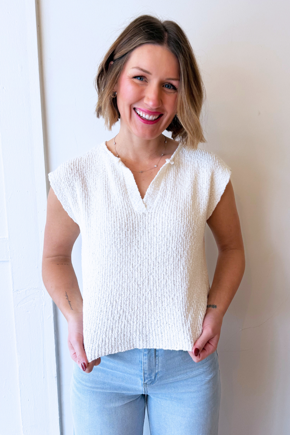 Split Neck Slub Sweater Top with Dolman Sleeves