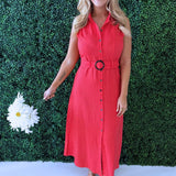 Sleeveless Belted Shirt Midi Dress
