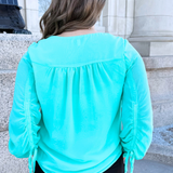 Long Sleeve Woven Blouse w/ Sleeve Tie Detail