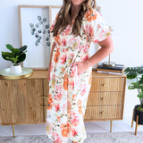 Puff Sleeve Top Smocking Woven Floral Print Midi Dress w/ Pockets