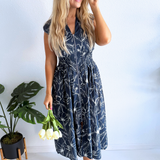 Drop Shoulder Smocked Waist Front Zip Printed Midi Dress w/ Pockets
