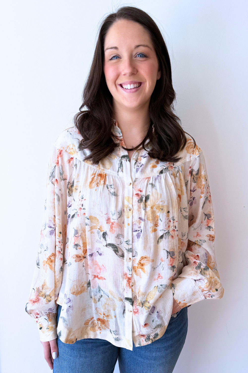 Relaxed Fit Floral Button Down Long Sleeve Blouse - The 308 Boutique