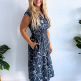 Drop Shoulder Smocked Waist Front Zip Printed Midi Dress w/ Pockets