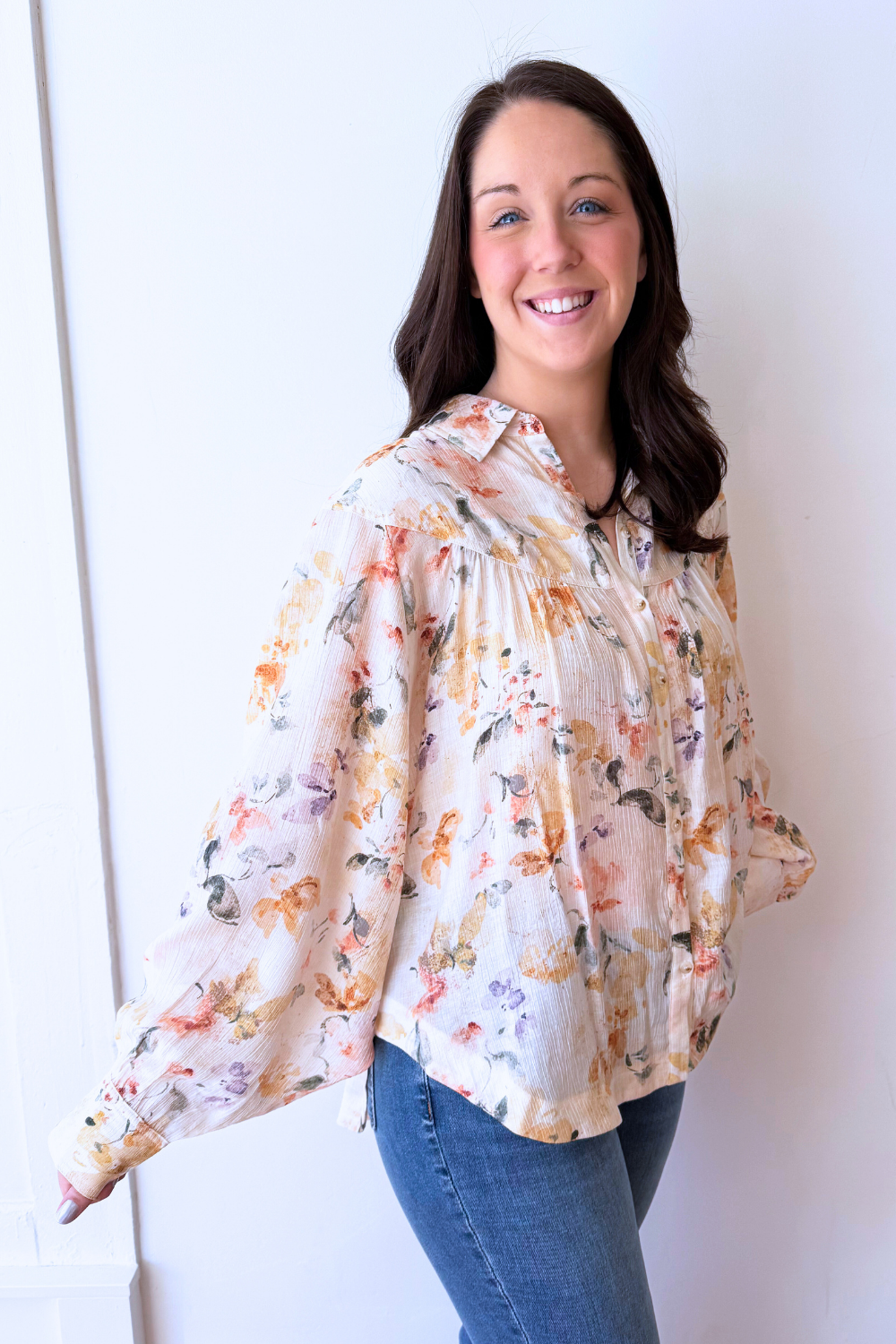 Relaxed Fit Floral Button Down Long Sleeve Blouse - The 308 Boutique