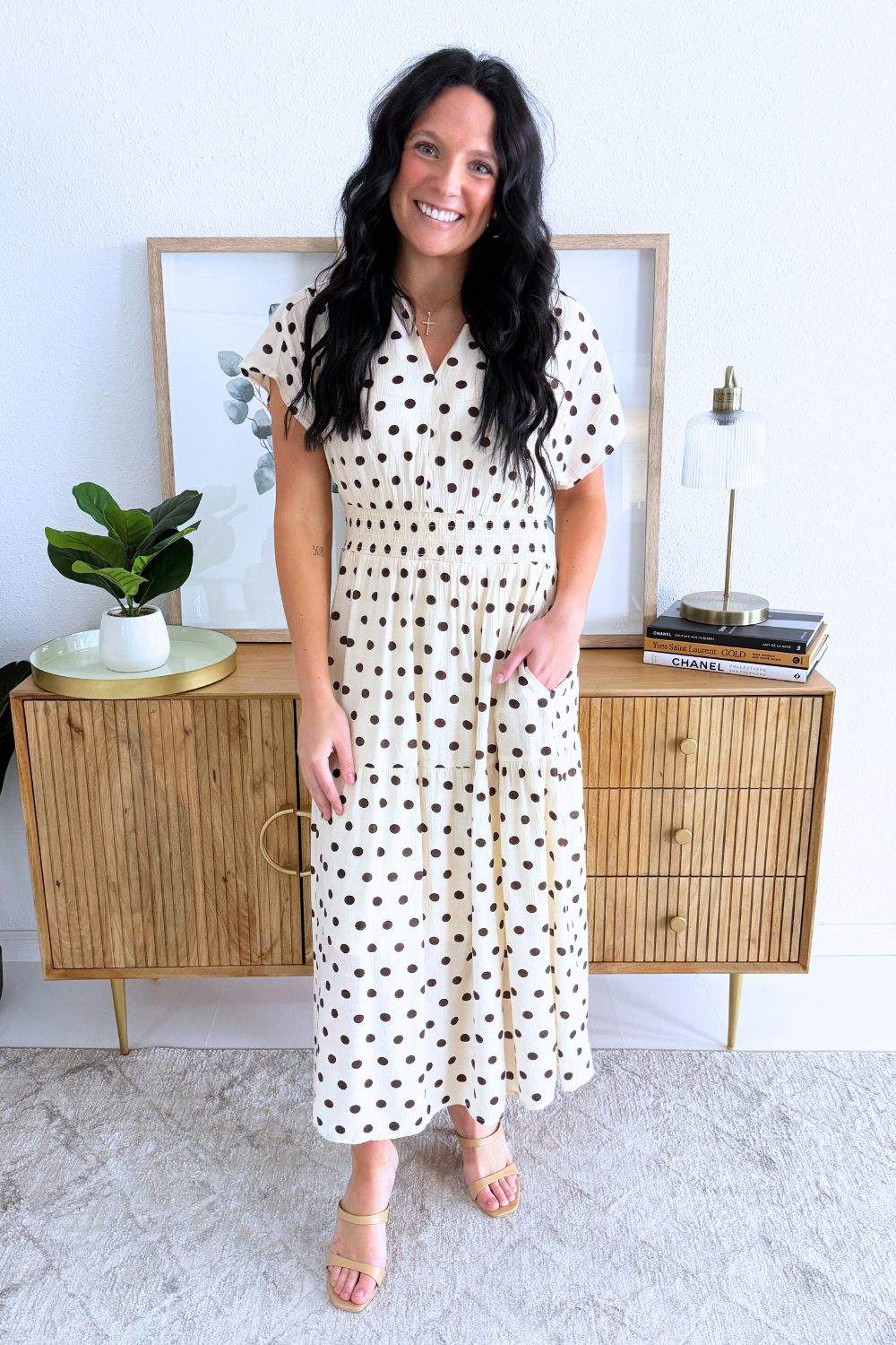 Short Drop Sleeve Woven Polka Dot Print Collared Waist Smocking Midi D – The 308 Boutique Short Drop Sleeve Woven Polka Dot Print Collared Waist Smocking Midi D – The 308 Boutique