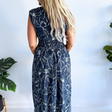 Drop Shoulder Smocked Waist Front Zip Printed Midi Dress w/ Pockets