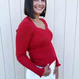 Long Sleeve Sweetheart Neck Sweater w/ Ruffle