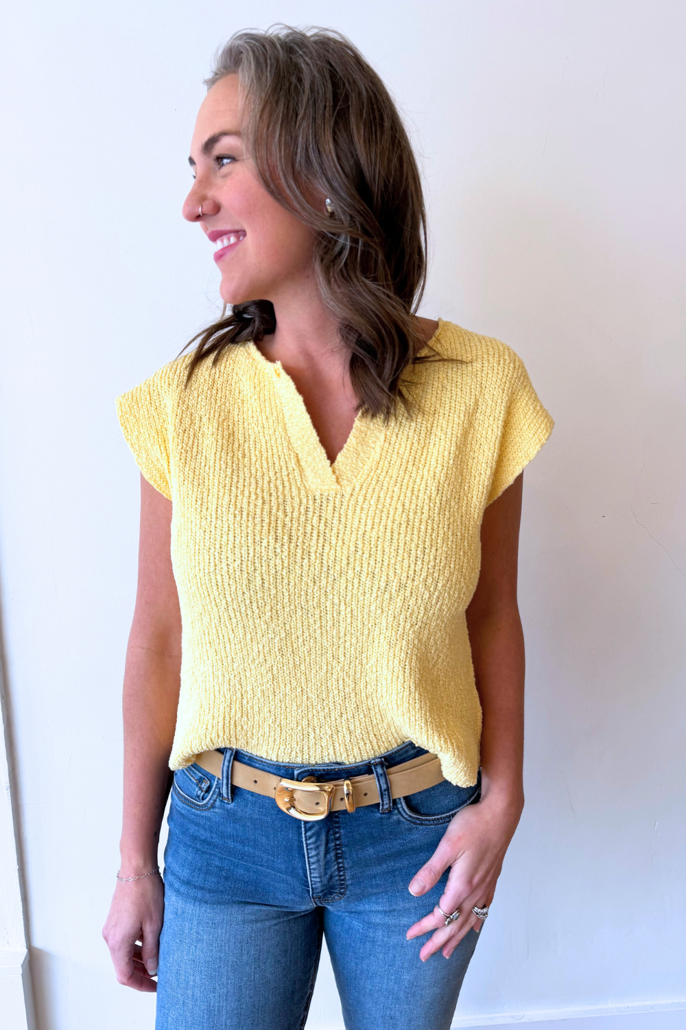 Split Neck Slub Sweater Top with Dolman Sleeves