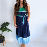 Color Block Pleated Sleeveless Maxi Dress