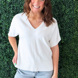 Short Sleeve V Neck Dolan Popover Sweater w/ Step Hem