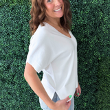 Short Sleeve V Neck Dolan Popover Sweater w/ Step Hem