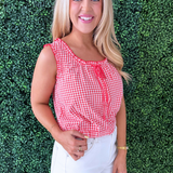 Gingham Front Button Sleeveless Top