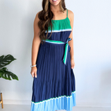 Color Block Pleated Sleeveless Maxi Dress