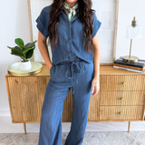 Short Sleeve Wide Leg Denim Jumpsuit