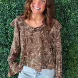 Long Sleeve Double Ruffle V-Neck Woven Blouse