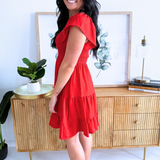 Flutter Sleeve Smock Tiered Sweetheart Woven Dress