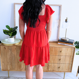 Flutter Sleeve Smock Tiered Sweetheart Woven Dress