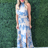 Bold Floral Print Tie Black Halter Neckline Maxi Dress