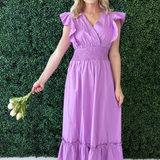 Ruffle Sleeve V-Neck Midi Dress