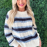 Crewneck Striped Cable Knit Sweater