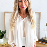 Split Neck Blouse w/ Lace Wrist