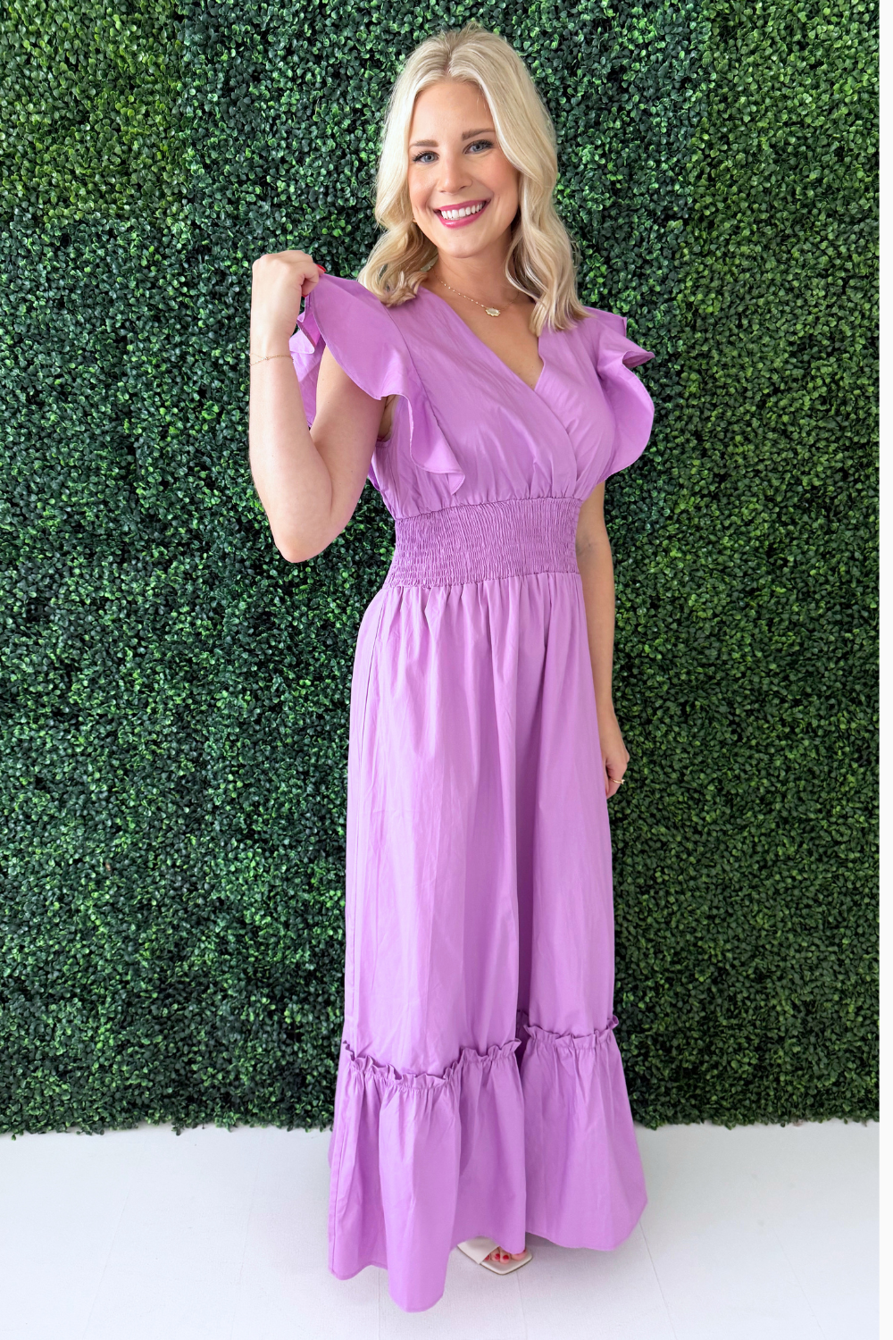 Ruffle Sleeve V-Neck Midi Dress